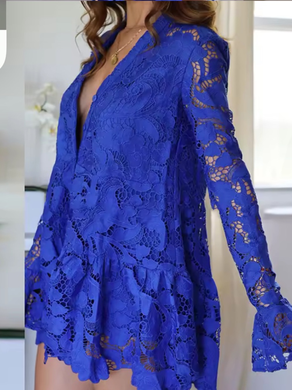 Chicways Cobalt Blue Crochet Flared Sleeve Mini Dress Sz M Beach Resortwear Boho - Picture 7 of 7
